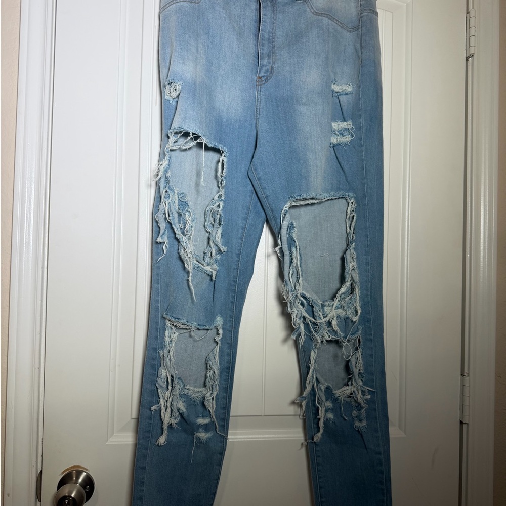 Fashion Nova Light Blue Distressed Skinny Jeans